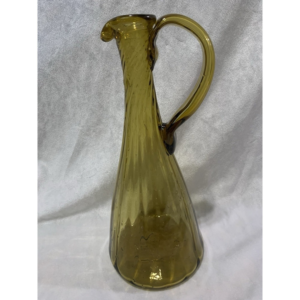 Vintage Art Glass Amber Swirl Pitcher Carafe Hand Blown with Handle